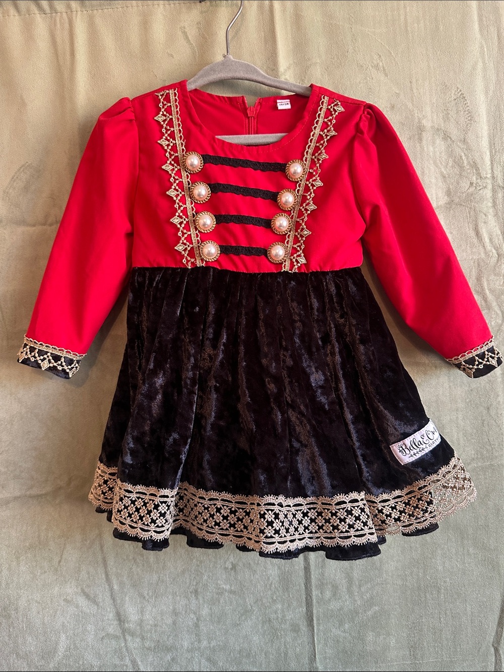 #951 Girls' Red and Black Velvet Holiday Costume Dress with Gold Trim handmade